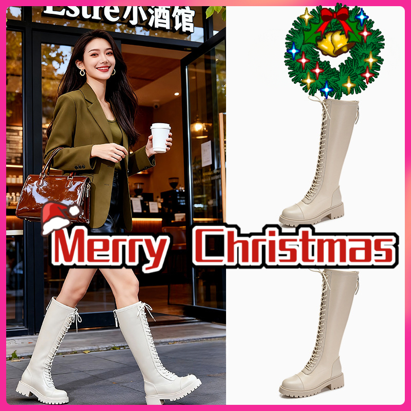 Leather Knight Boots Winter New High End Casual Boots Christmas Gift Luxury Boots Women's British Style Thick Heel Wool Lining Warm Boots Desig