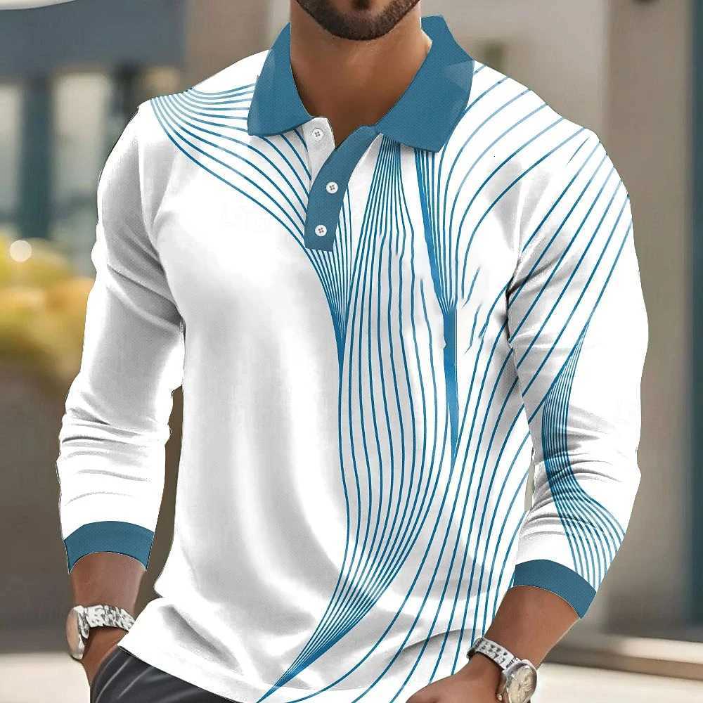 Mens Striped Print Golf Shirt Long Sleeve Polo Shirt Lapel Business Casual Formal Button 3D Printing Autumn and Winter W251208