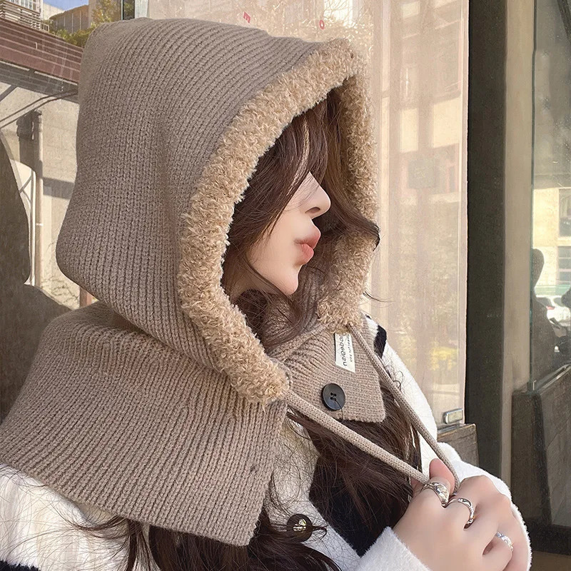 Korean Ins Winter Warm Balaclava Bonnet Knitted Hat Thickened OnePiece Scarf Cap Hooded Neck Protection Thermal Shawl 251203