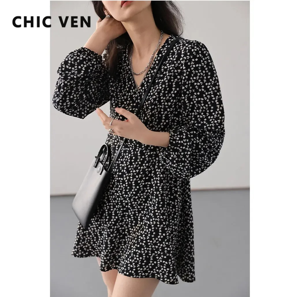 CHIC VEN Womens Dresses Casual Full Sleeve Floral Printed Vintage Vneck Dress for Women Beach Party Spring Summer 2023 251128