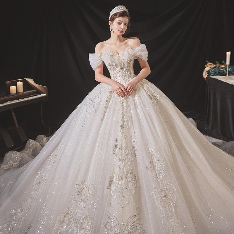 dmcd0215 bridal wedding dresses main wedding dress french one shoulder autumn bridal palace style elegant and heavy crafted tailed dress