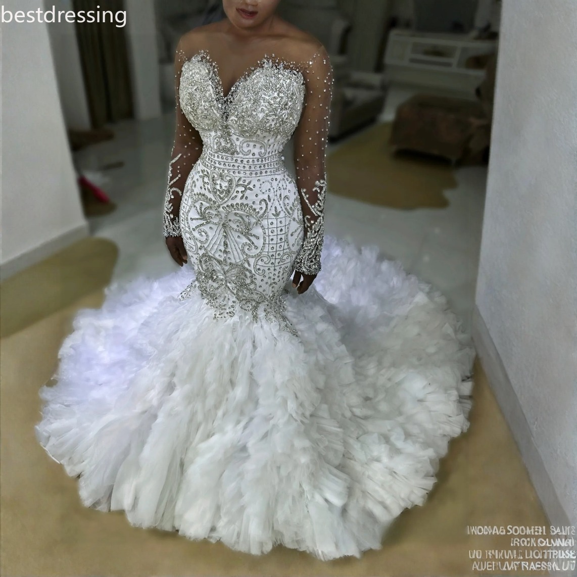 African Aso Ebi Plus Size Ivory Mermaid wedding dress for bride Appliques Crystals Beaded Sheer Neck Tiers Tulle Luxurious Bridal Gowns Dresses 1208