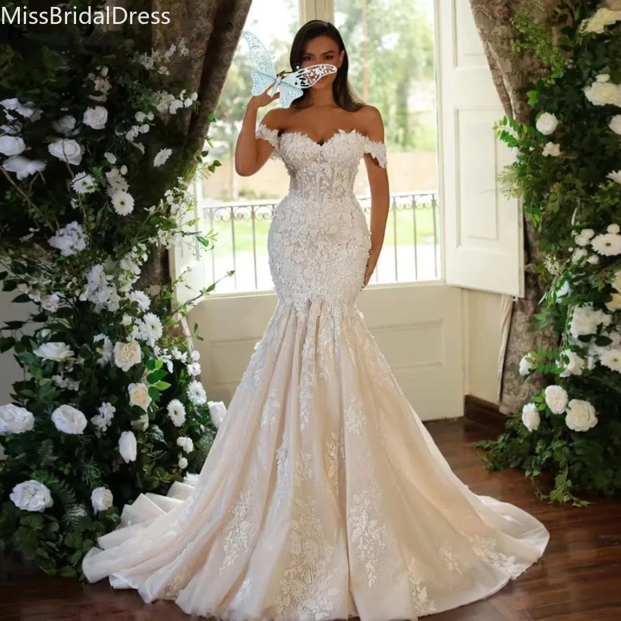 Mermaid Vintage Wedding Dresses Off Shoulder Vestido De Novia Lace Appliques Wedding Bridal Gown Robe De Mariee 1208 New