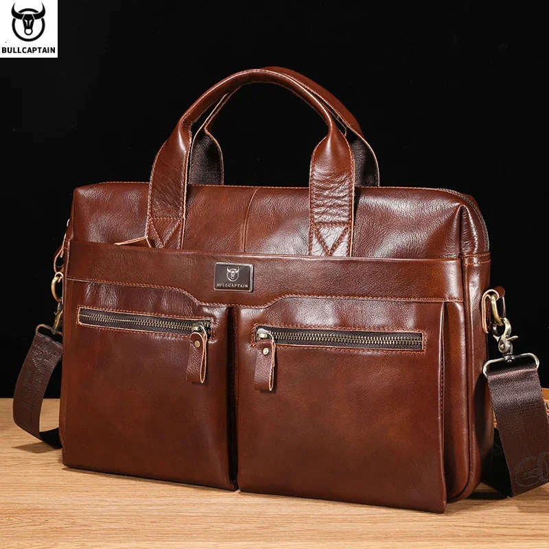 BULLCAPTAIN Briefcase Shoulder Bag Mens Genuine Leather 14 Inch Laptop Handbag Office Business Mens Fashion Simple Briefcase 251204
