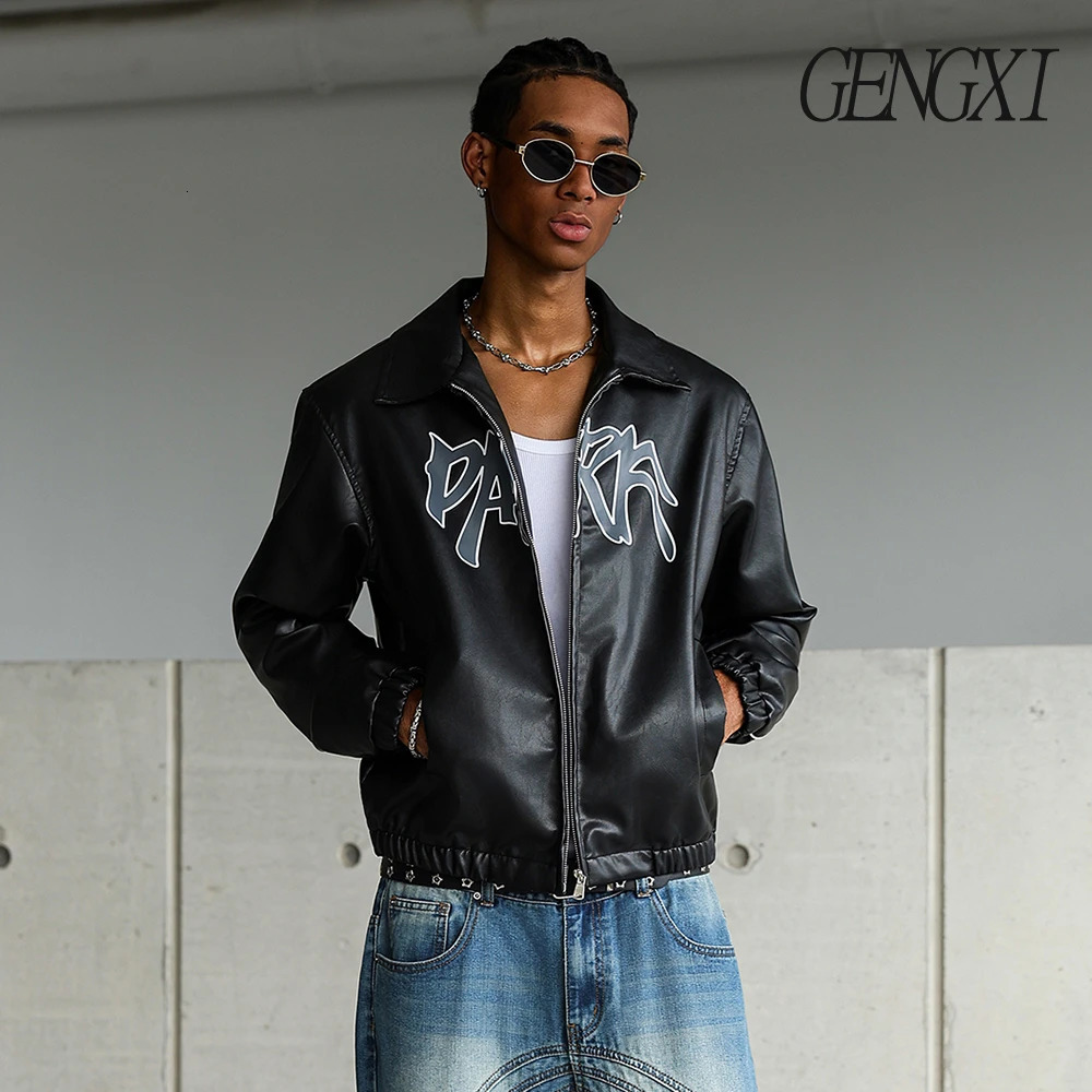 High Street Mens Faux Leather Jacket Autumn/Winter Arrival Windproof Warm Letter Print Lapel Collar Outerwear Street Styl 251205BJ