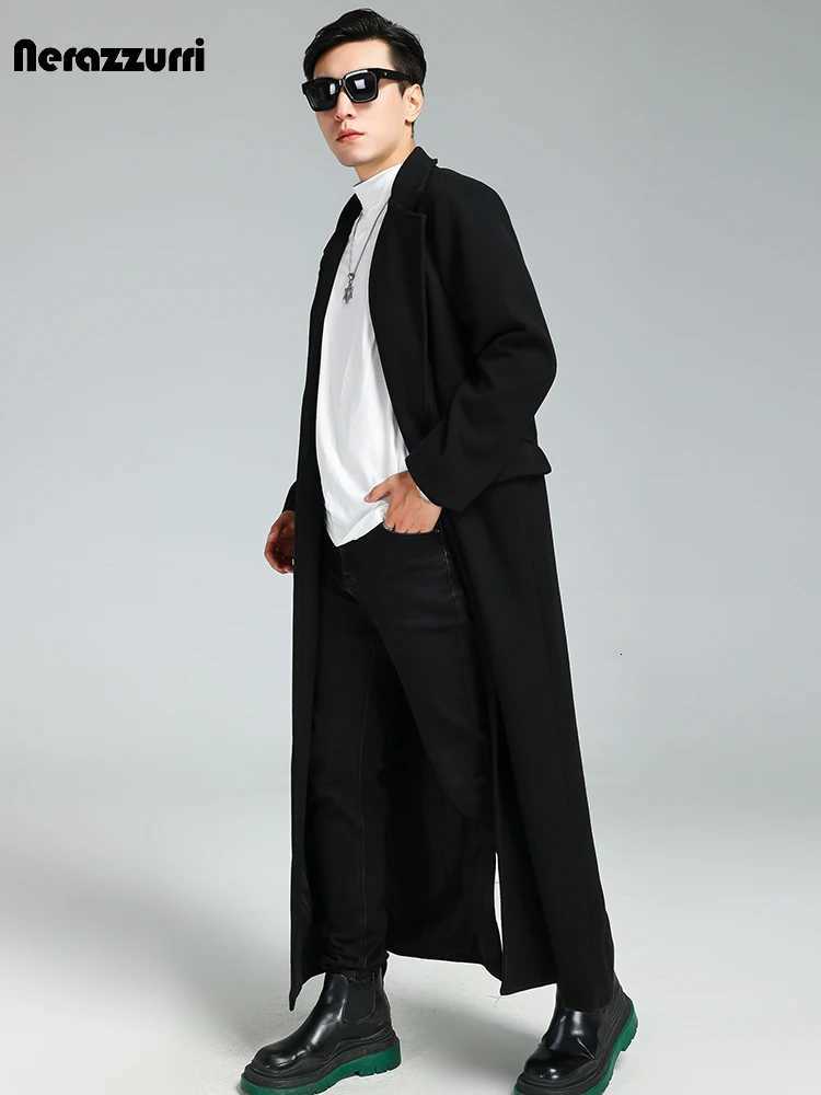 Nerazzurri Autumn Winter Extra Long Soft Black Warm Woolen Coat for Men Loose Casual Korean Fashion 2023 Wool blends Overcoat M251208