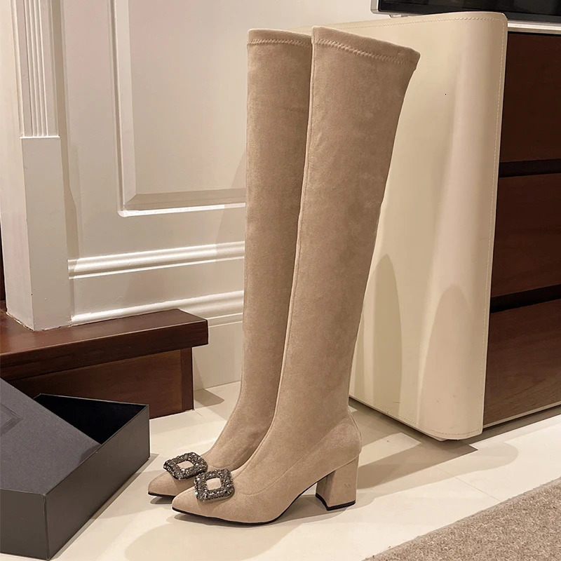 High Boots Fur Women Fashion High Heels Dress Shoes Suede Winter Crystal Woman Boots Pointed Toe Botas De Mujer 251204