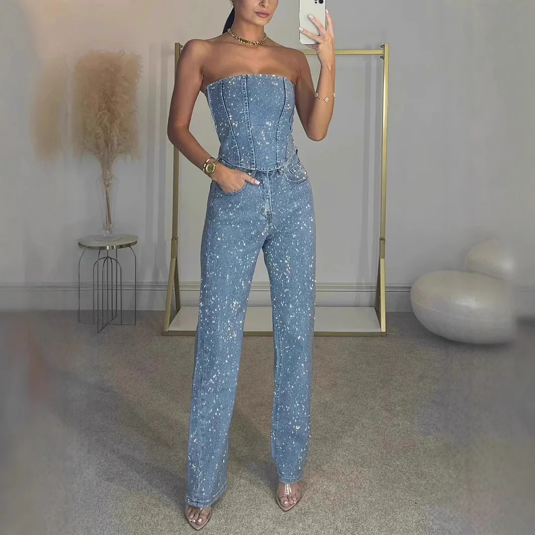 Denim Pant Set Women Two Piece Sets Sexy Strapless Sleeveless Tops Long Pants High Waist Y2k Streetwear Elegant Work 2025 251129
