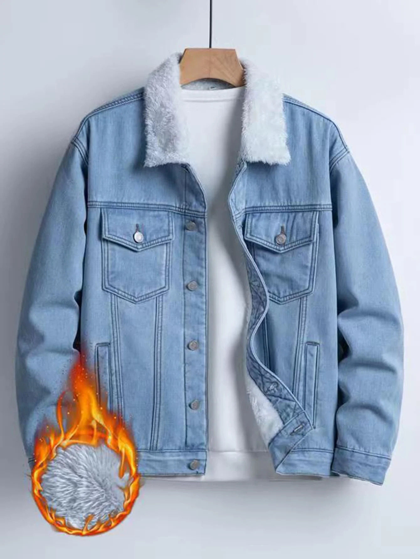 Mens Fleece-Lined Denim Jacket Lamb Wool Collar Thickened Warm Coat Retro Casual Washed Denim Top 251205