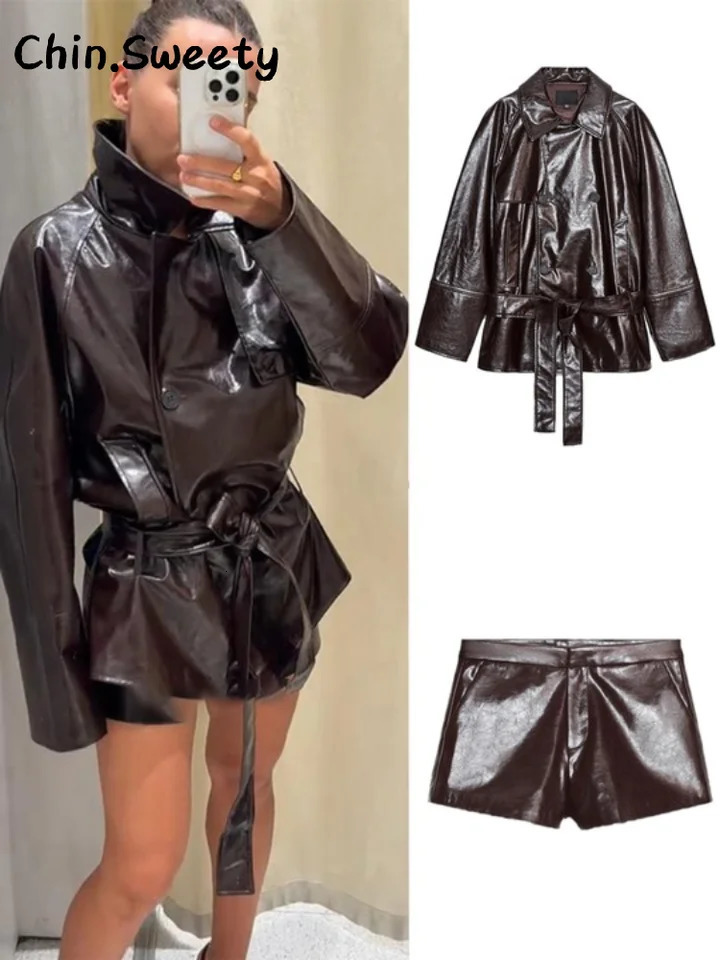 Chic Womens Stand Collar Leather Jacket Shorts Sets With Belt Full Sleeve Double Breasted Coat Short Pant Autumn Lady Suit 251205