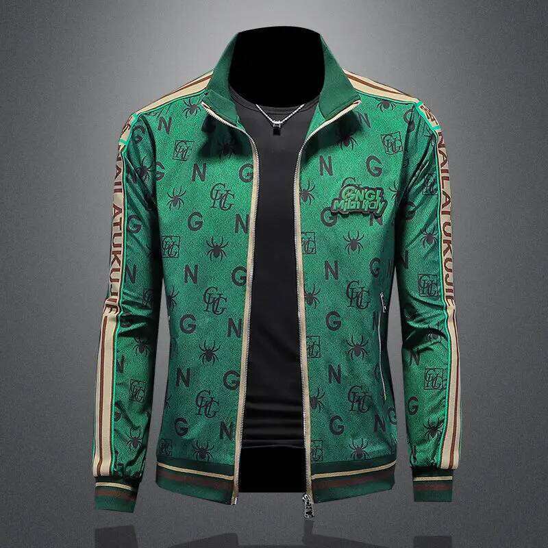 New Coat Men's Spring And Autumn INS Trendy Striped Color Matching Printing American Versatile Casual Stand-Up Collar Jacket