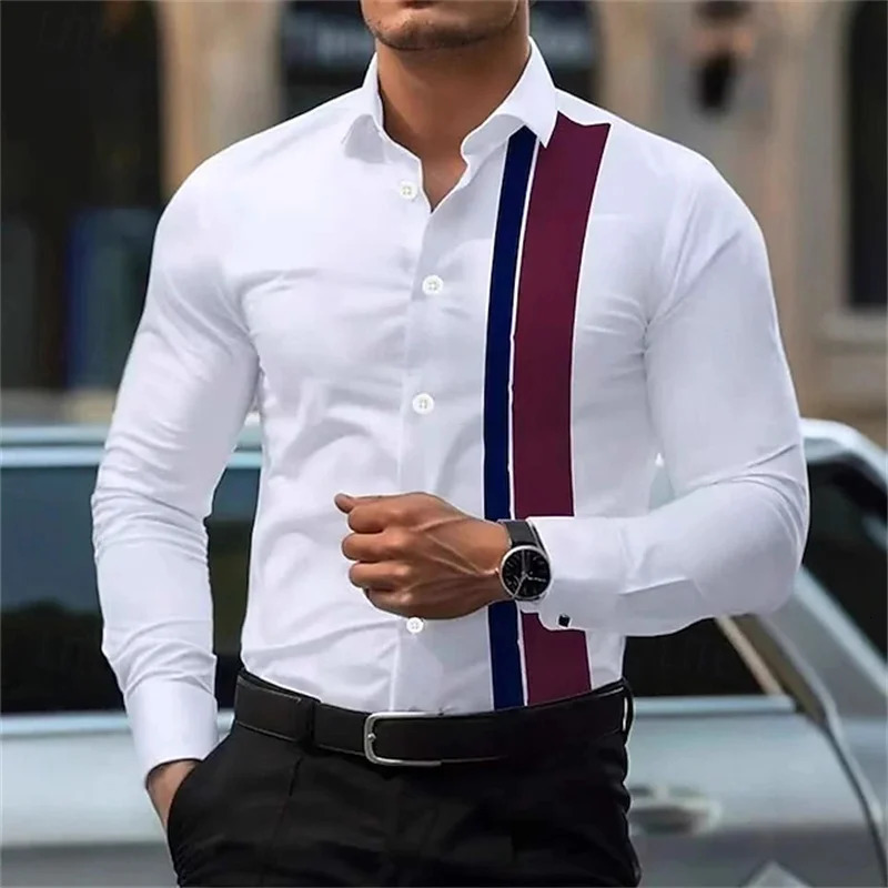 Mens fashionable contrast color striped long sleeve shirt European and American style business casual trendy casual mens shirt 251205