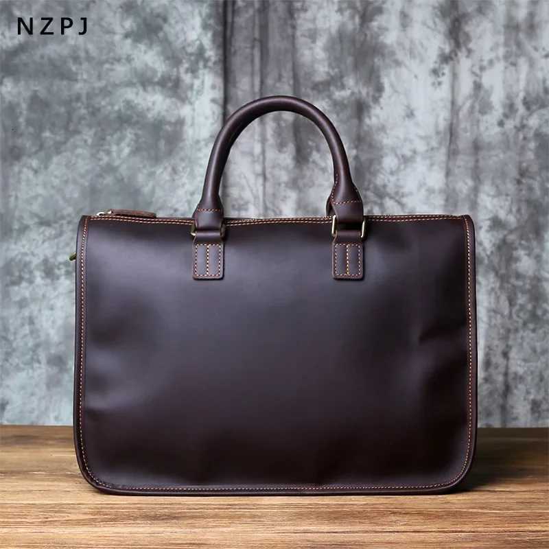 NZPJ Vintage Genuine Leather Men Briefcase Natural Top Layer Cowhide Handbag Leisure Business Laptop Bag Shoulder Messenger Bag Z251208