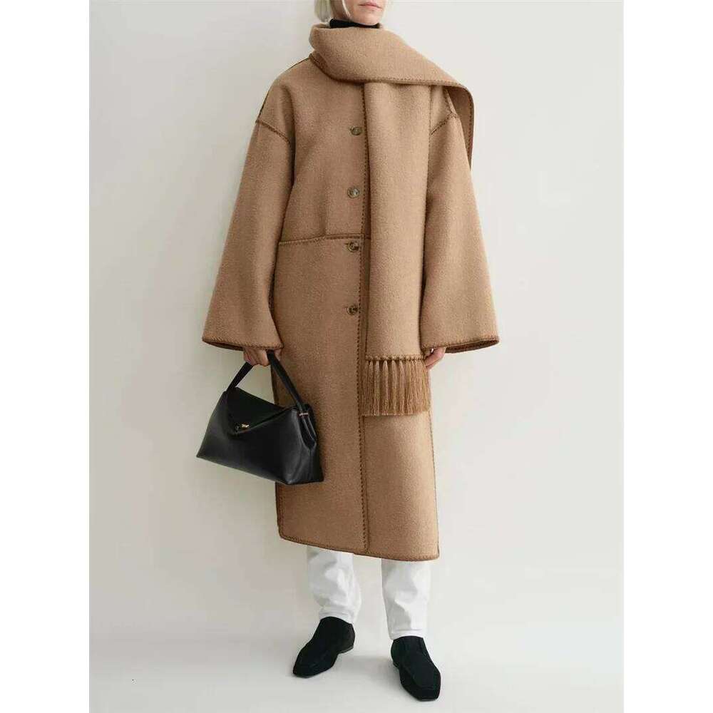 Tassel Scarf Collar Women Mid Length Coat Slit Double Sided Woolen Single Breasted Loose Autumn Winter Female Jacket Luxury Luxury