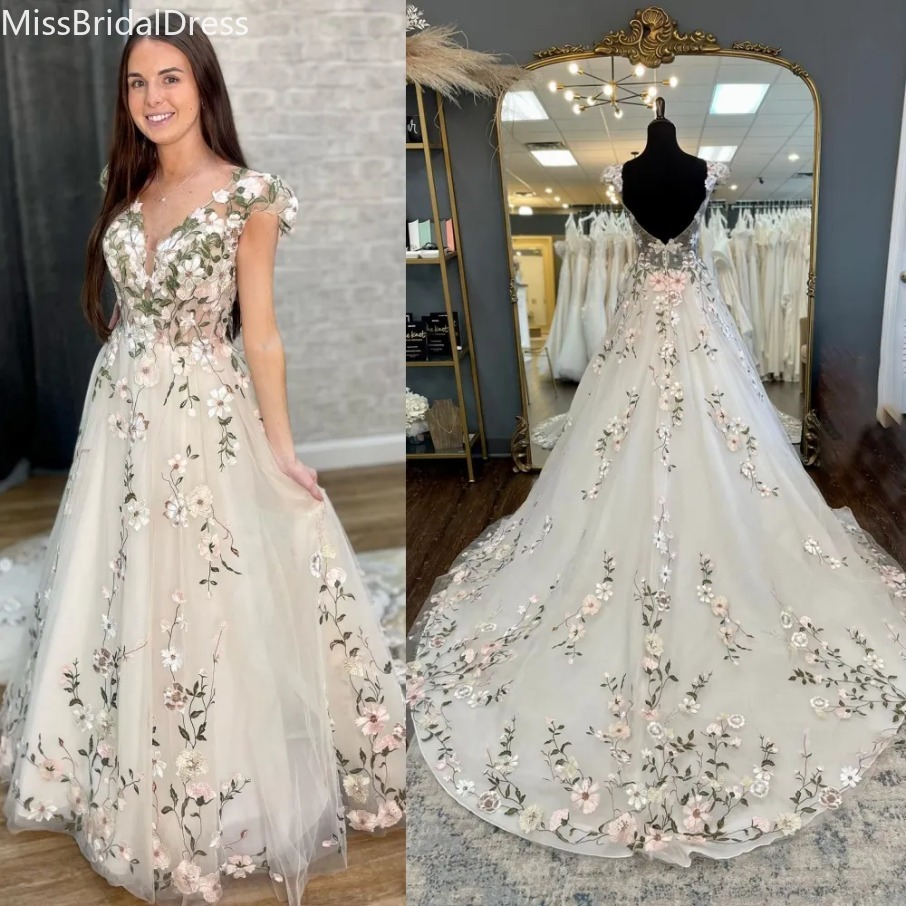 Colorful Embroidered Lace Wedding Dress Cap Sleeve Garden Plunging V-Neck vestidos de novia Beach Castle Boho Bride robe de mariee Open Back Chapel