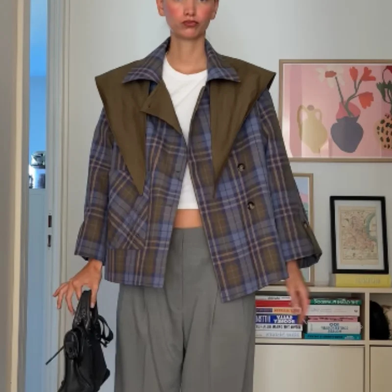Fashion Double Sided Grid Jacket Womens Loose Lapel Long Sleeve Single-breasted Pocket Coat 2025 Autumn Lady Streetwear251205