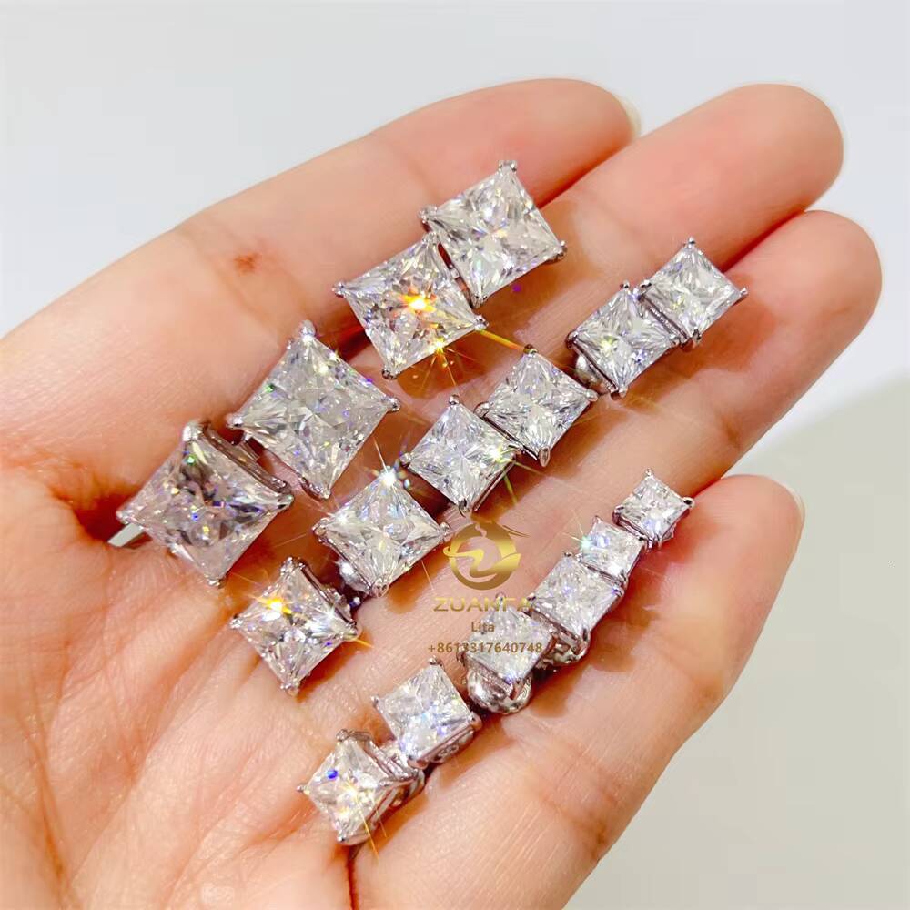 Pass Diamond Tester Stock Hip Hop Jewelry GRA Certificates 925 Silver D Color VVS1 Princess Moissanite Hip Hop Stud Earrings