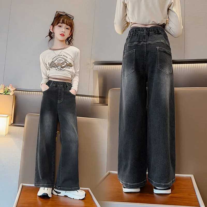 2025 New High Quality Girls Jeans Vintage Denim Wide Leg Pants Kids Clothing Children Casual Solid Trousers For Teenager ClothesT251208