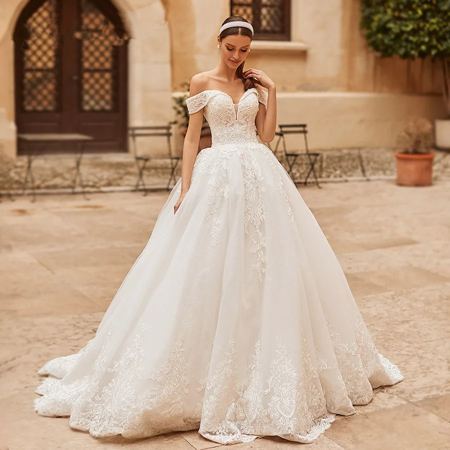 DREAM Customized Princess Sparkly Off Shoulder Wedding Dress Elegant Sweetheart Lace Up Ball Gown Lace Appliques Bridal Gown JK2612