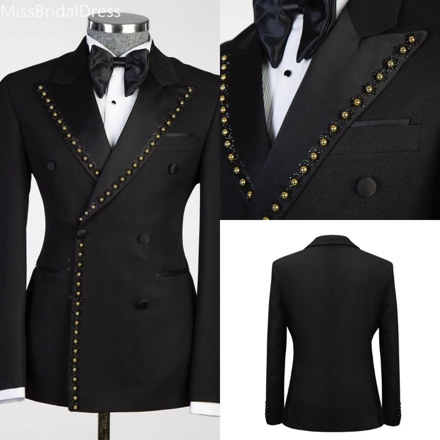Smoking da sposa con perle moderne 2 pezzi Set giacca con perline Pantaloni da uomo Abiti con risvolto con visiera Abito da sposo bello da festa Per