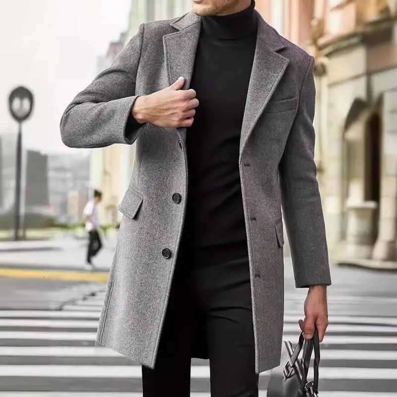 Autumn Winter Mens Business Casual Coats Turn Down Collar Long Woolen Outwear Male England Style Single Breasted Trench Coat M251208
