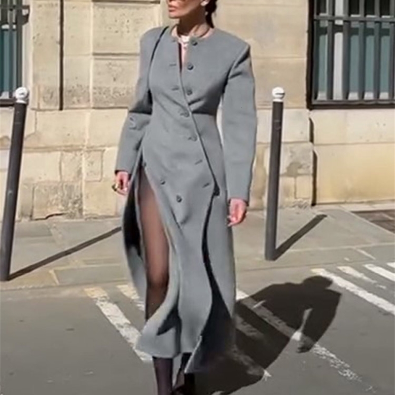Womens Long Grey Woollen Coat O-neck Full Sleeve Asymmetric Button Elegant Silhouette Warm Outerwear 2025 Autumn Coat251205