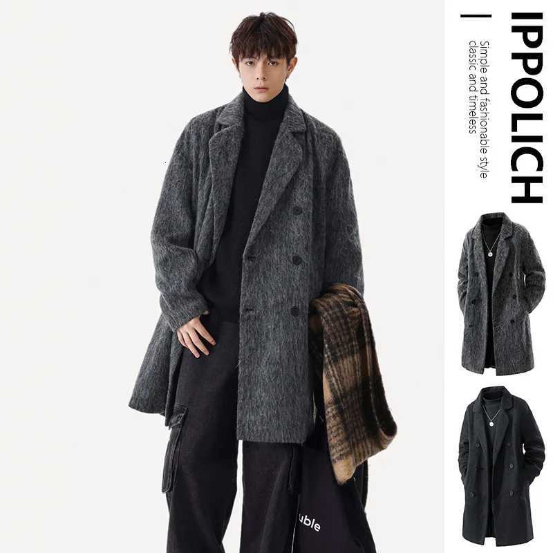 Autumn Winter Fleece Coat Mid-length Gray Oversized Thickened Warm Imitation Cashmere Blends Coat Men Double-breasted Trend Coat M251208