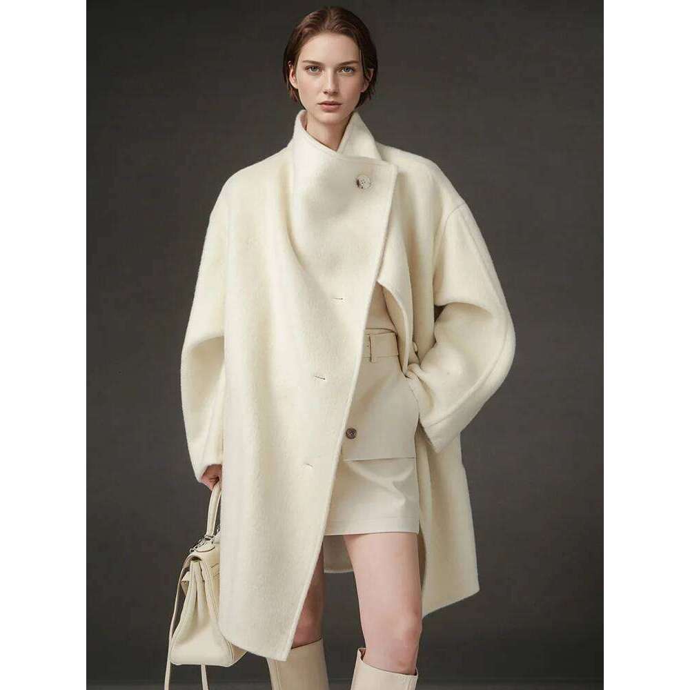 Stand Collar Loose Wool Coat Women Fashion Elegant Autumn Winter Jacket Luxury Loose straight coat Irregular large collar