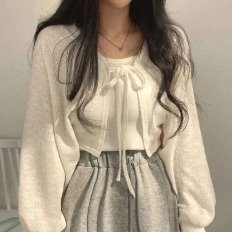 Thin White Cardigan Women Summer Sunscreen Lace-Up Knitwear Tops Lady Korean Style Casual Lantern Sleeve Short Sun Protected Top