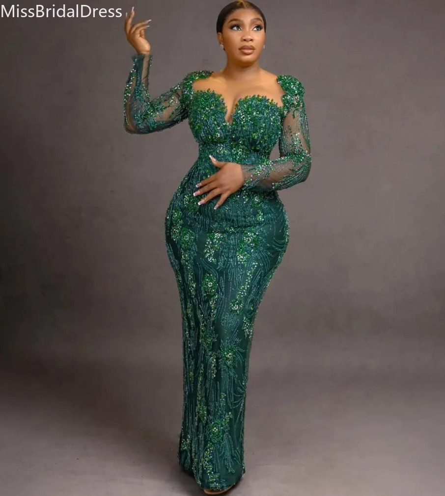 Aso Ebi Verde scuro Sirena Abito da ballo Cristalli Pizzo Serata formale Festa Secondo ricevimento 50esimo compleanno Abiti di fidanzamento Abiti ro