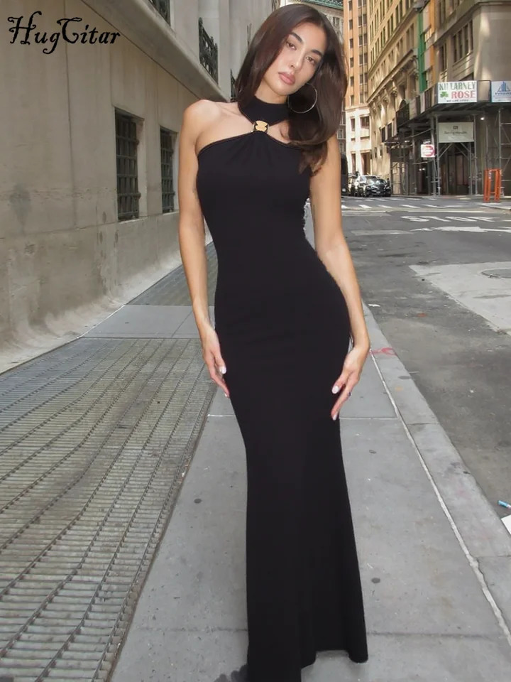 Hugcitar Fashion Solid Halter Turleneck Sleeveless Zipper Slit Sexy Slim Maxi Dress Summer Women Clothes Birthday Party Festival 251204