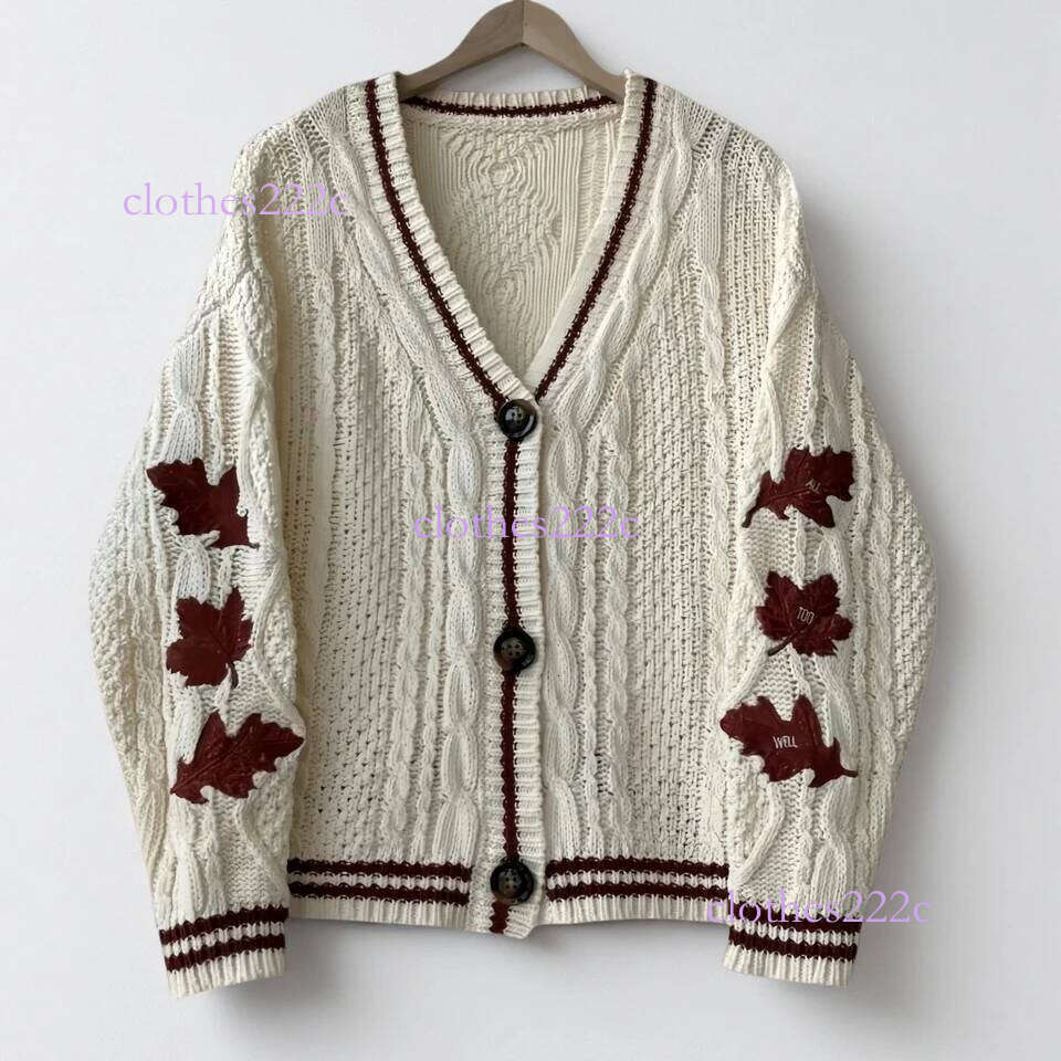 Autumn Red Maple Leaf Embroidered Leaves Knitted Cardigan Women Winter V-Neck Single Breasted Show Y2k Style Cardigans Girls