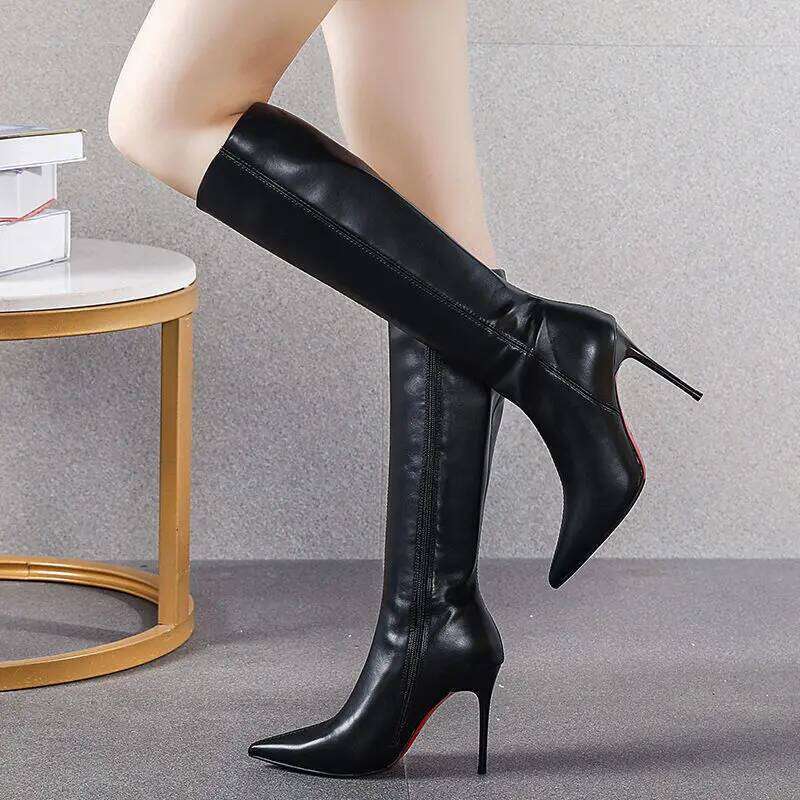 Black Women's Boots Long Pointed Toe Very High Heel Shoes for Woman Footwear Winter Knee Shaft Boot Trend 2025 Demi-season Hot