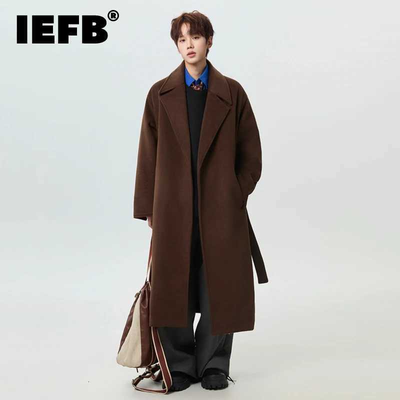 IEFB Buttonless Mens Woolen Coats Lapel Solid Color Thick Casual Menswear Korean Overknee Loose Belt Male Wool Coats 9X1512 M251208