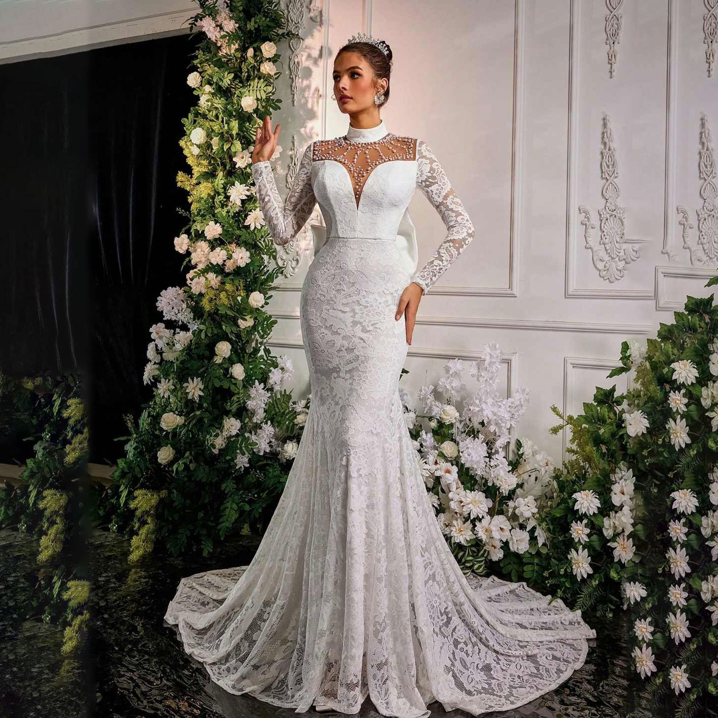 Elegant Mermaid Wedding Dress 3D-Lace Bridal Gowns Shine Pearls Appliques Tulle Long-Sleeve Vestina De Novia Size Customized H253192