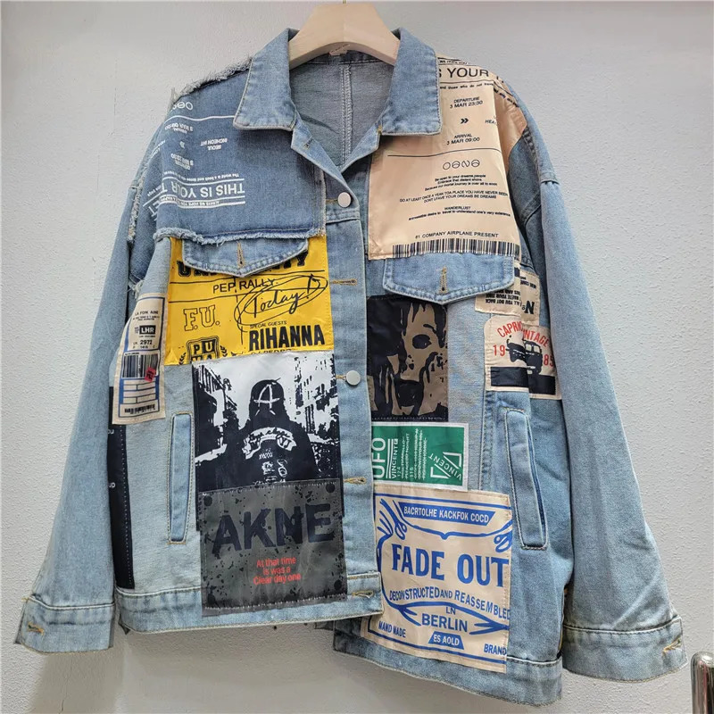 YEAE Autumn Women Ins Hip Hop Streetwear Vintage Turn-down Collar Single Breasted Irregular Patch Printed Denim Jacket 251201