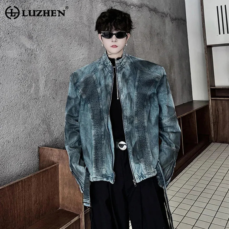 LUZHEN Original Tiedyed Vintage Style Stand Neck Denim Coat Mens Stylish Streetwear 2025 Autumn Handsome Casual Jacket JY4500 251129