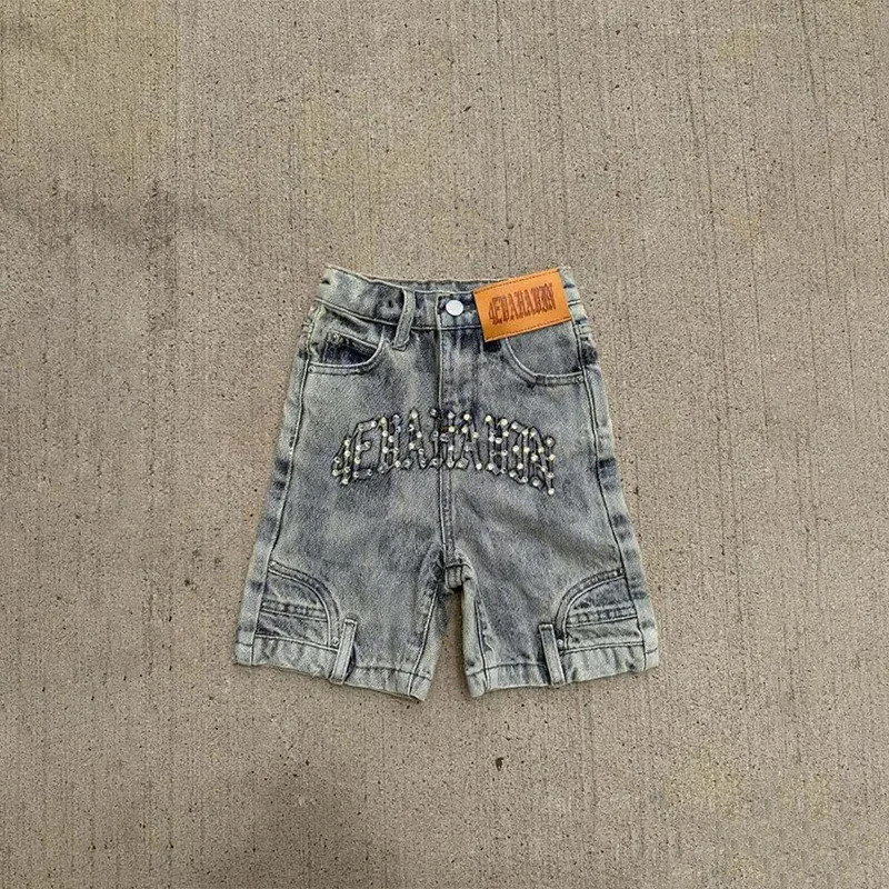 Y2K Vintage Washed Jeans Pearl Letter Decoration High Waist Distressed Denim Shorts Casual Men Women Hip Hop Fashion Streetwear 251205