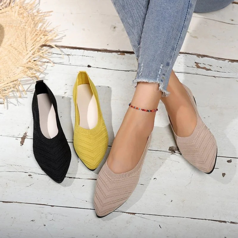 2024 Pointed Toe Flat Office Boat Solid Color Knitted Slip on Shoes Casual Ballet Flats Shoes Women Loafers Zapatos De Mujer 251201