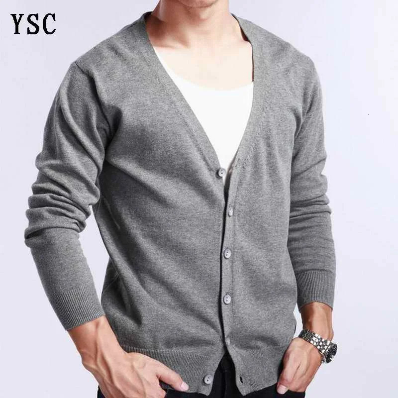 YSC Spring Autumn Mens Knitwear Sweater Cashmere Cardigan Solid Color Basic V-neck Single Breasted Loose Fitting Clothing Tops 251205