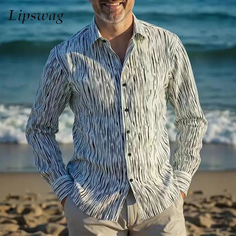Vintage Striped Printing Mens Shirt Tops Spring Autumn Casual Long Sleeve Button-up Shirts For Men Daily Leisure Lapel Cardigan 251205