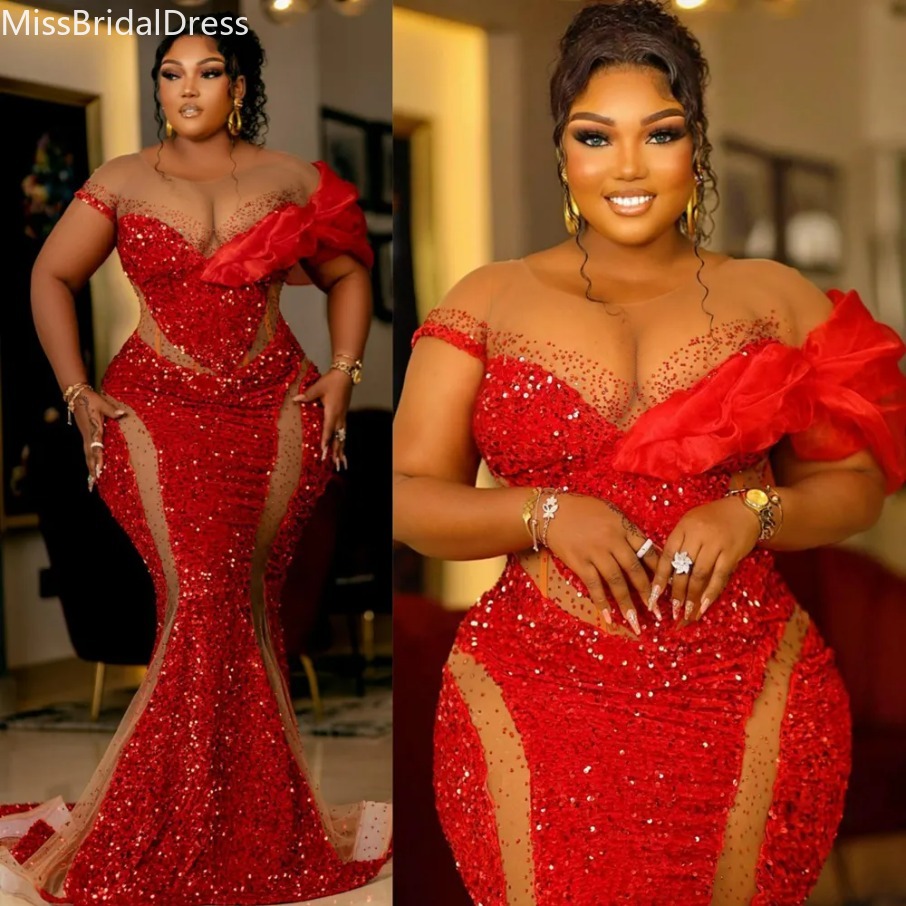Aso Ebi Elegant Evening Dresses Plus Size Red Mermaid Sparkling Sequins Lace Short Sleeves Formal Prom Gowns robe de soiree mariee luxe 1208 New
