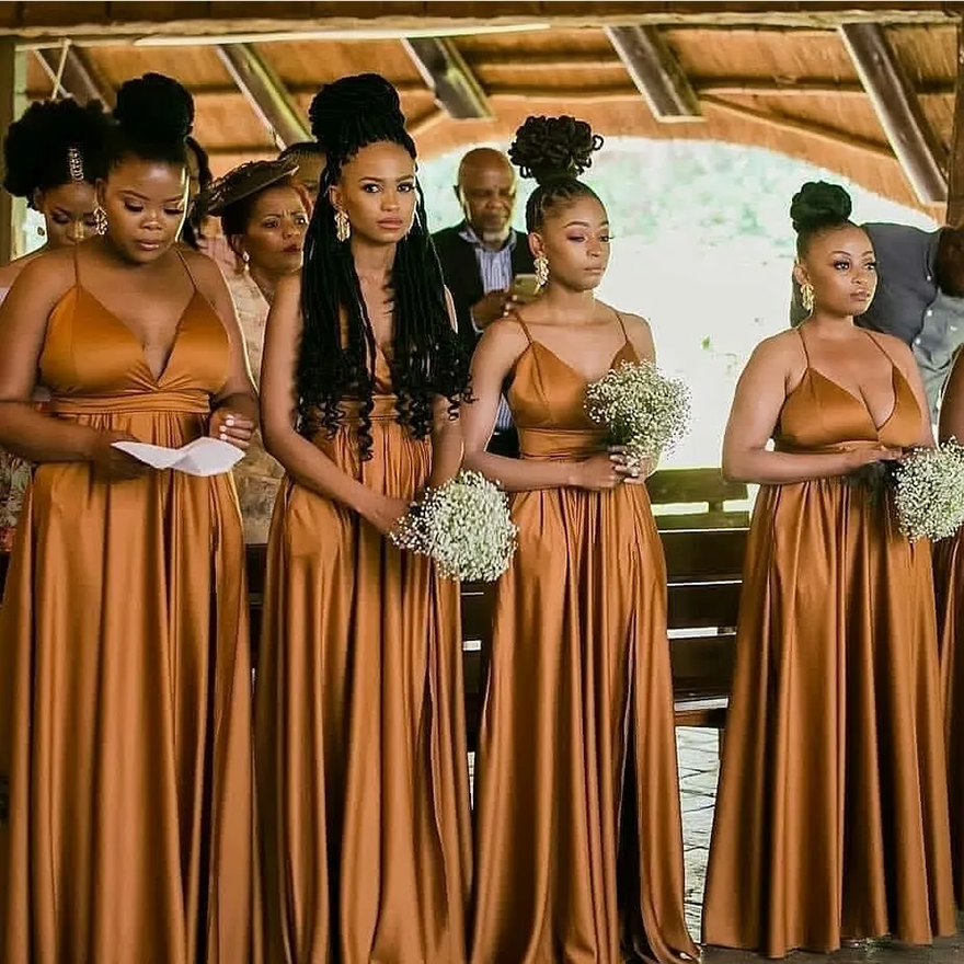 African Gold Spaghetti Bridesmaid Dresses Floor Length Satin Plus Size Maid Of Honor Gowns Cheap Wedding Guest Dress BD7132