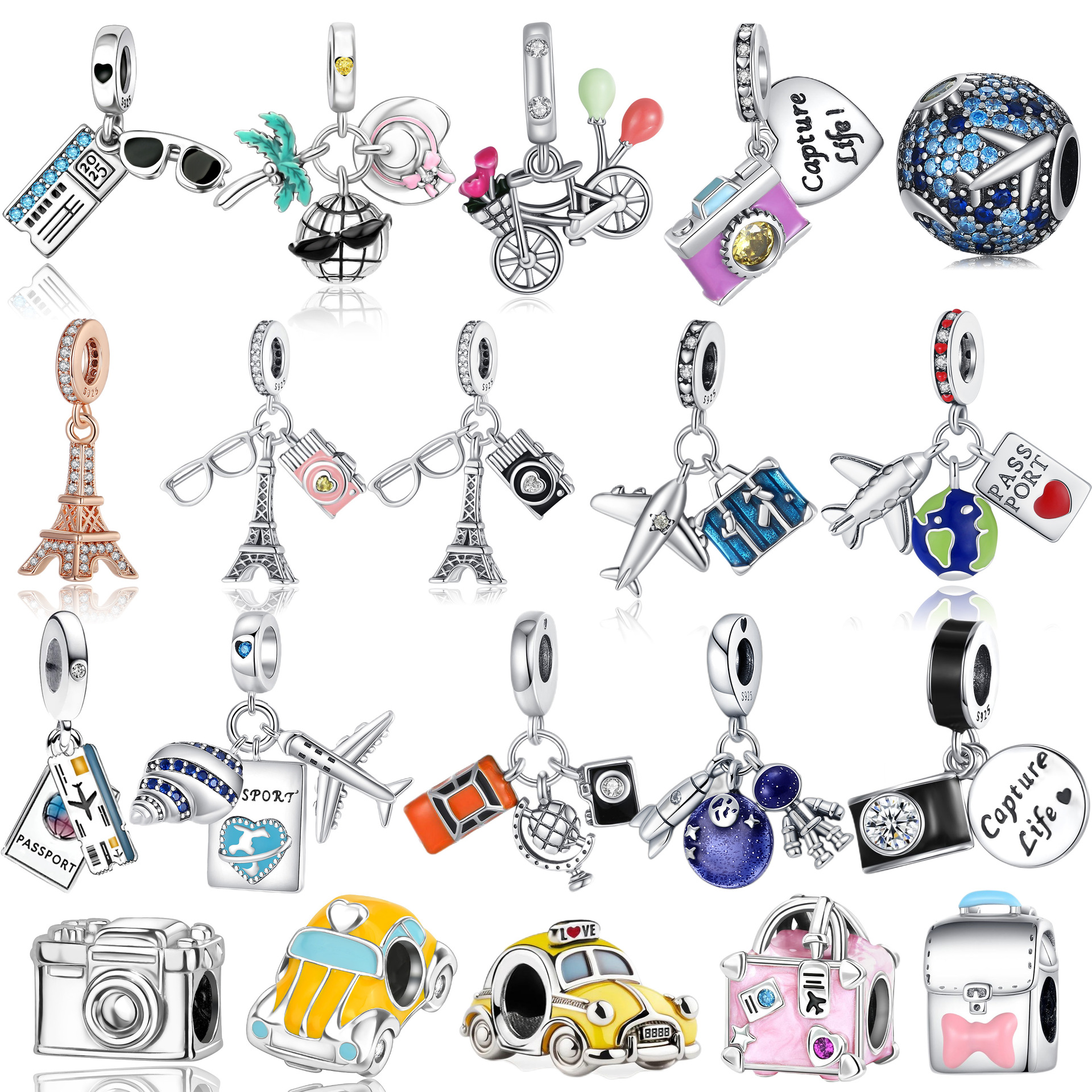 S925 Sterling Silver Electric Vehicle Shopping Bag Old -style Camera Charm Suspension Suitable for Bracelet DIY Fashion Jewelry