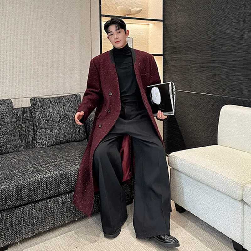 Korean Style Mens Woolen Overcoats Big V-neck PU Leather Patchwork Double Breasted Overknee Casual Male Trench 2024 M251208