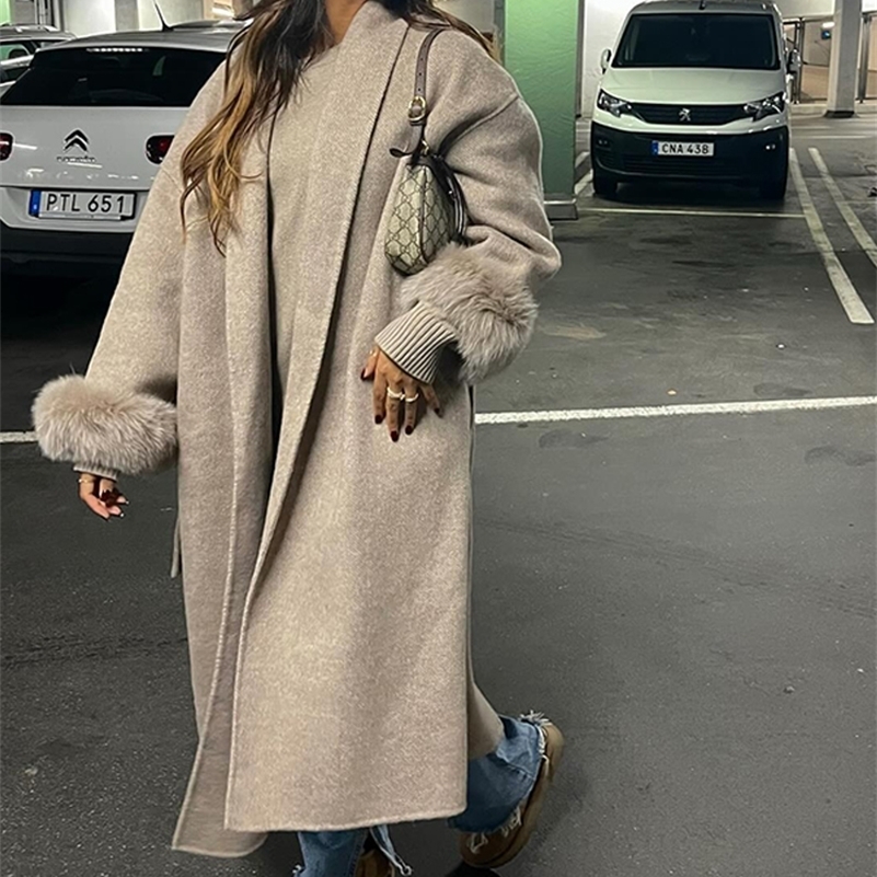Street Furry Patchwork Slim Womens Long Woolen Overcoats V-neck Full Sleeve Lace Up Coats Fashion Office Lady Autumn Outerwears251205