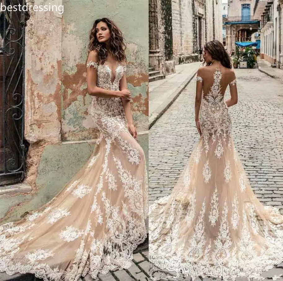 Champagne Julie Vino wedding dresses bridal gowns Off Shoulder Deep Plunging Neckline Sweep Train Lace Wedding Dress Custom Made 1208 2026