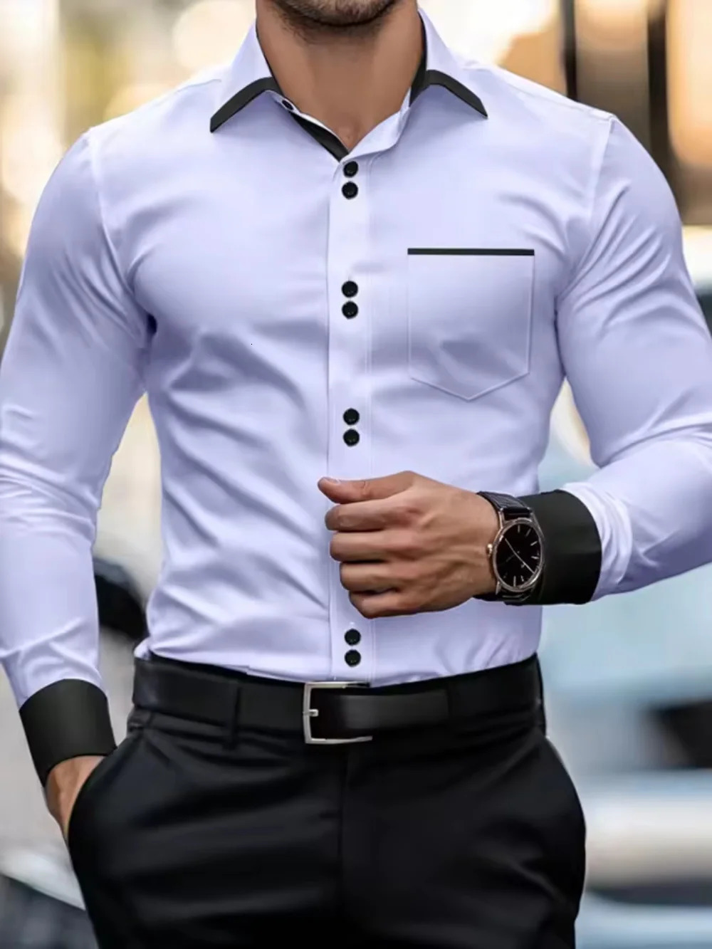 Fashionable mens shirts mens business casual long sleeved shirts English style double button shirts thin collared vacation 251205