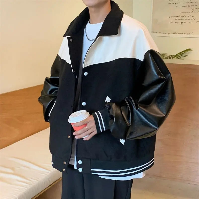 Mens Womens PU Leather Patchwork Jacket Oversized Streetwear Blazer Vintage Relaxed Fit Couple Outerwear for Spring Autumn 251205BJ