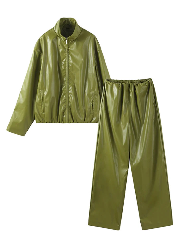 Green Leather Long Pants Sets For Women Elegant Lapel Zipper Bomber Jacket Elastic Waist Trousers 2 Pieces Sets Chic Outfits 251204